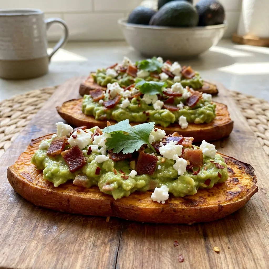 Crispy sweet potato toast slices topped with chunky guacamole, bacon crumbles, and feta cheese for a satisfying, easy high-fiber meal.