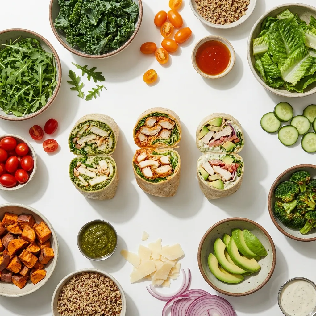 Flat lay of all three Sweetgreen chicken wraps surrounded by fresh salad ingredients on a white table.