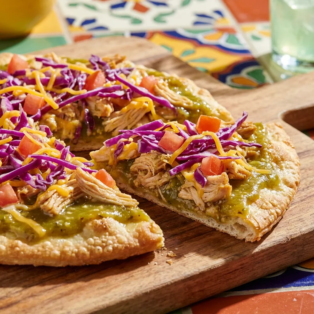 Close-up of a sliced Taco Bell Cantina chicken pizza flatbread topped with salsa verde, shredded chicken, melted cheese, fresh purple cabbage, and diced tomatoes on a wooden cutting board.