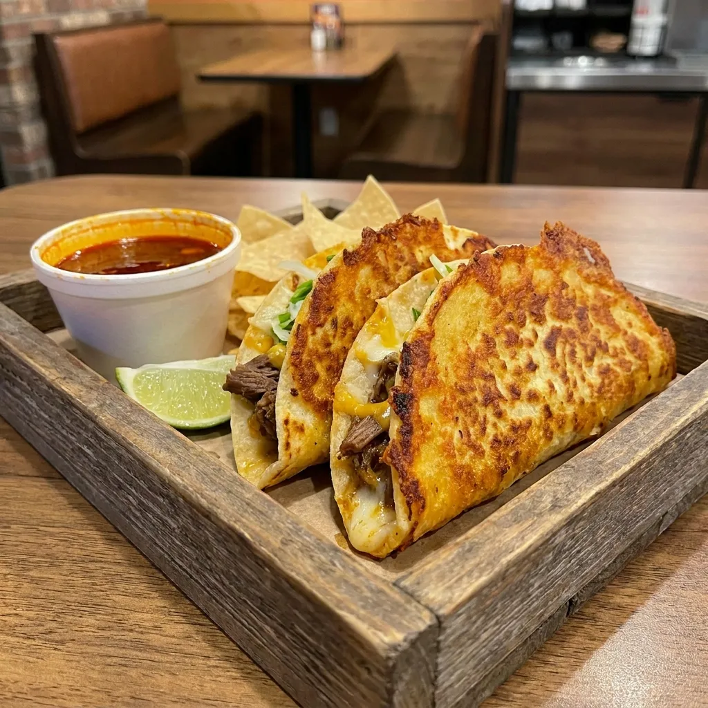 Three grilled Taco Bell shredded beef dipping tacos with melted cheese, served in a rustic wooden tray alongside a red consommé dipping sauce, a fresh lime wedge, and tortilla chips.