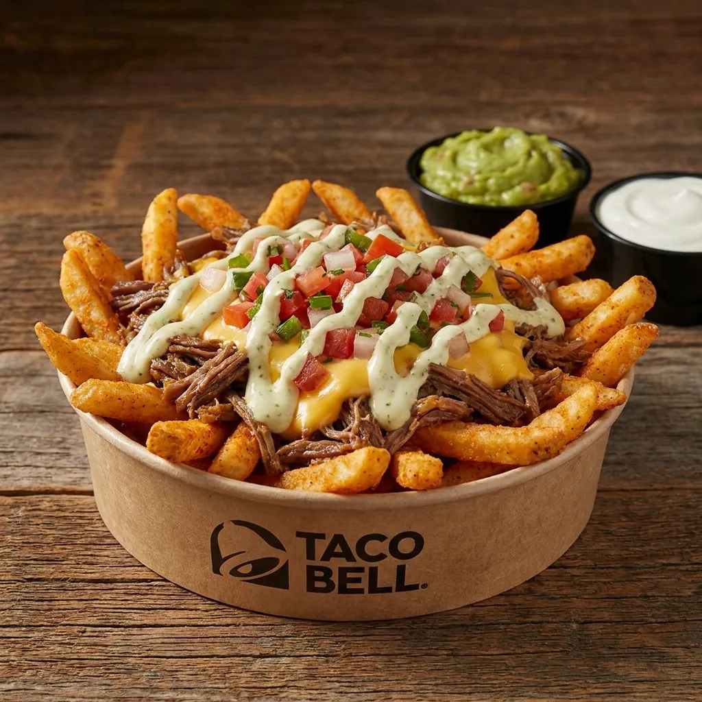 A loaded bowl of Taco Bell seasoned nacho fries topped with shredded beef, warm nacho cheese, pico de gallo, and a creamy sauce drizzle, accompanied by sides of guacamole and sour cream.