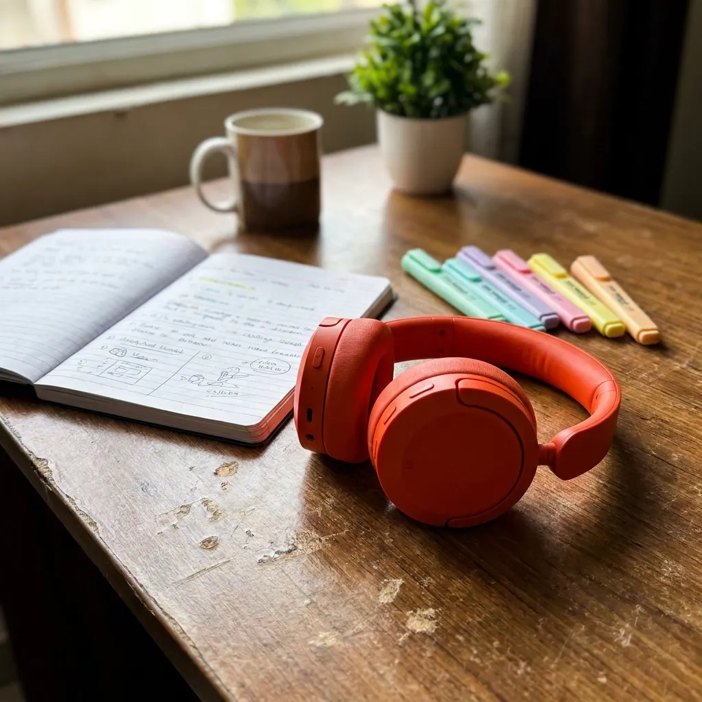 The vibrant CMF Headphone Pro by Nothing resting on a wooden study desk next to an open notebook and highlighters