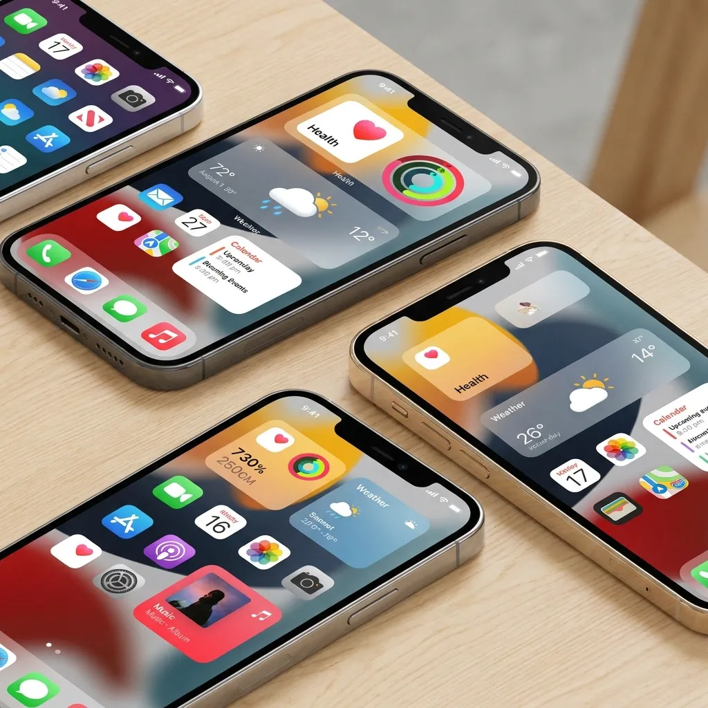 Four smartphones laid flat on a light wooden table, all with their screens illuminated. The screens display a modern mobile operating system featuring an array of colorful widgets—including health, weather, calendar, and music—alongside standard app icons with a soft, frosted-glass aesthetic.