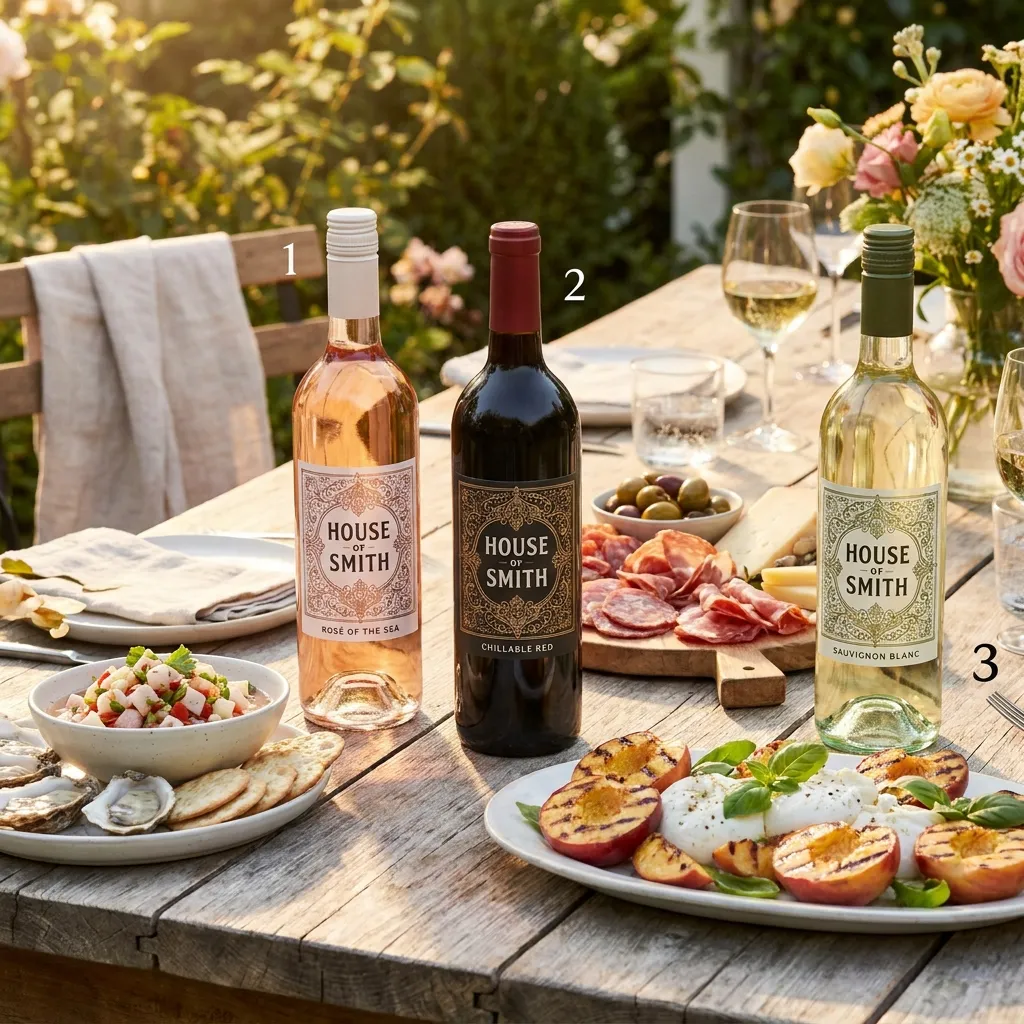 Three elegantly labeled bottles of House of Smith wine sitting on a table, representing the best summer snacks and drinks for outdoor entertaining