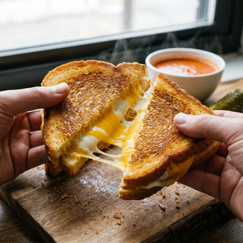 wo hands pulling apart a perfectly toasted grilled cheese sandwich, showing the gooey melted cheese stretching between the halves, with a bowl of tomato soup in the background.