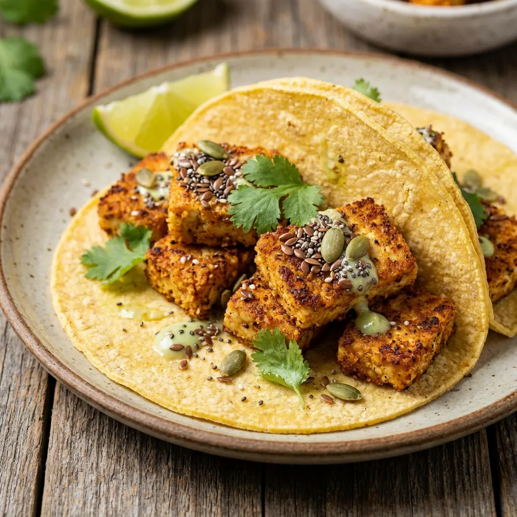 Vegan tacos with crispy seasoned tofu filling on corn tortillas, garnished with creamy cilantro sauce, pumpkin seeds, and chia seeds.
