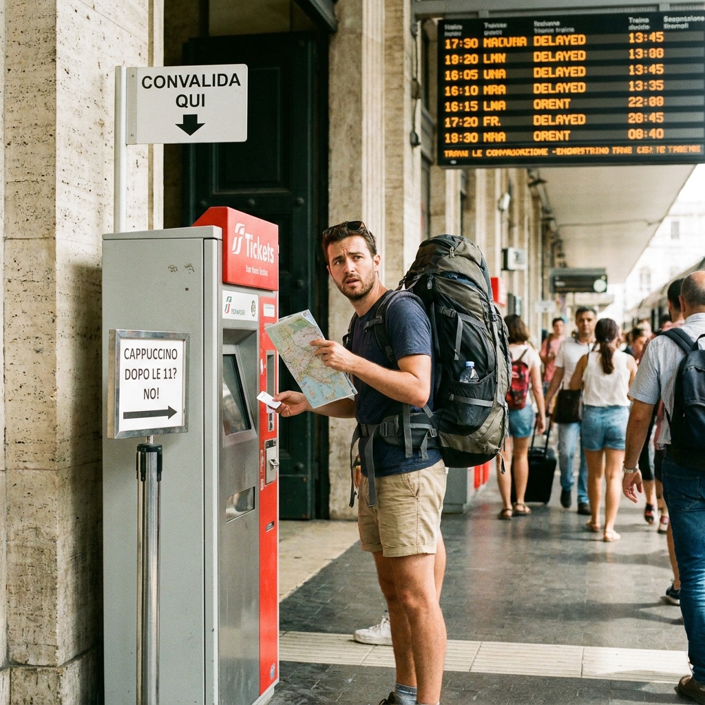A tourist looking confused at an Italian train station, representing common mistakes tourists make in Italy