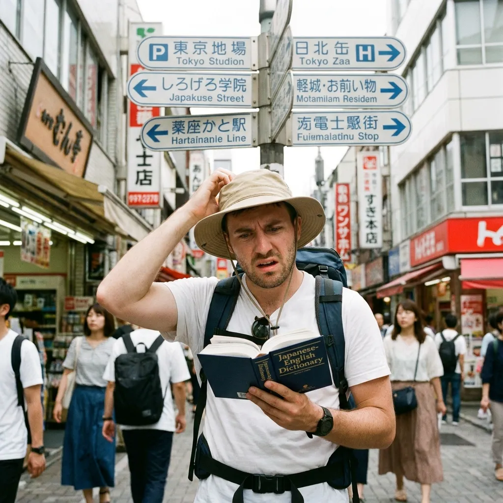 Tourist looking confused at a foreign street sign, holding a dictionary.