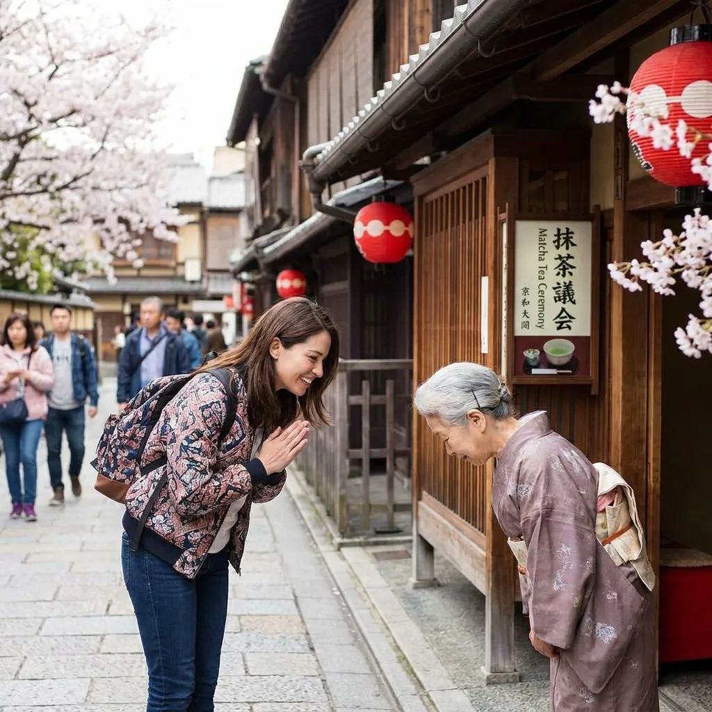 A tourist smiling and bowing gently while experiencing their favorite customs abroad in Kyoto, Japan