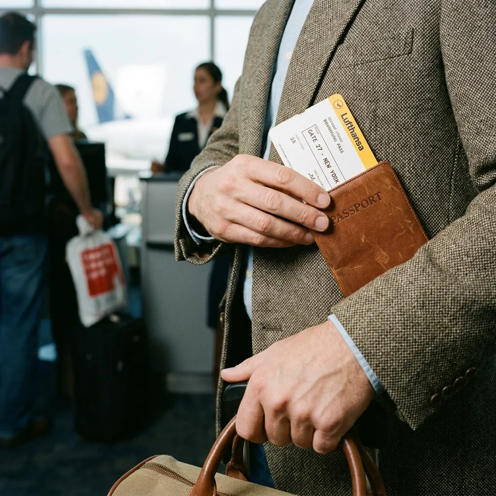 Close-up of a male traveler in a tweed jacket holding a brown leather passport wallet and a Lufthansa boarding pass.