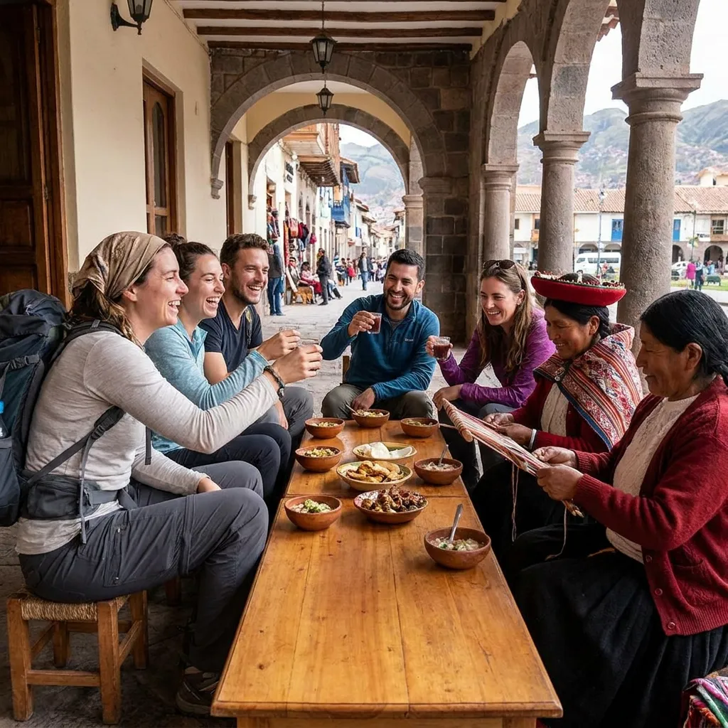A group of diverse travelers sharing a meal and participating in local cultural customs abroad