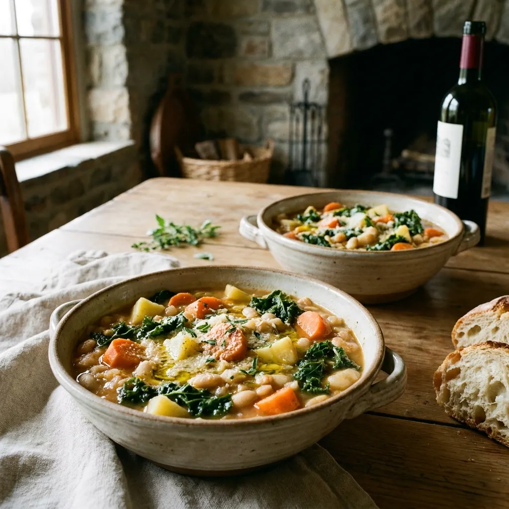 Two rustic bowls filled with thick Tuscan bean, bread, and vegetable stew, loaded with chunks of carrots and greens.