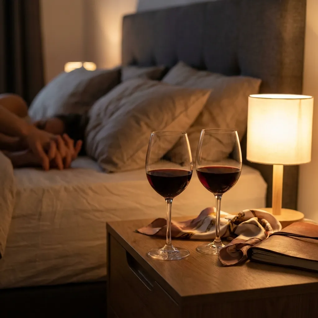 Two glasses of red wine on a wooden nightstand beside a warm lamp and leather journal, with a blurred couple holding hands in bed in the background.