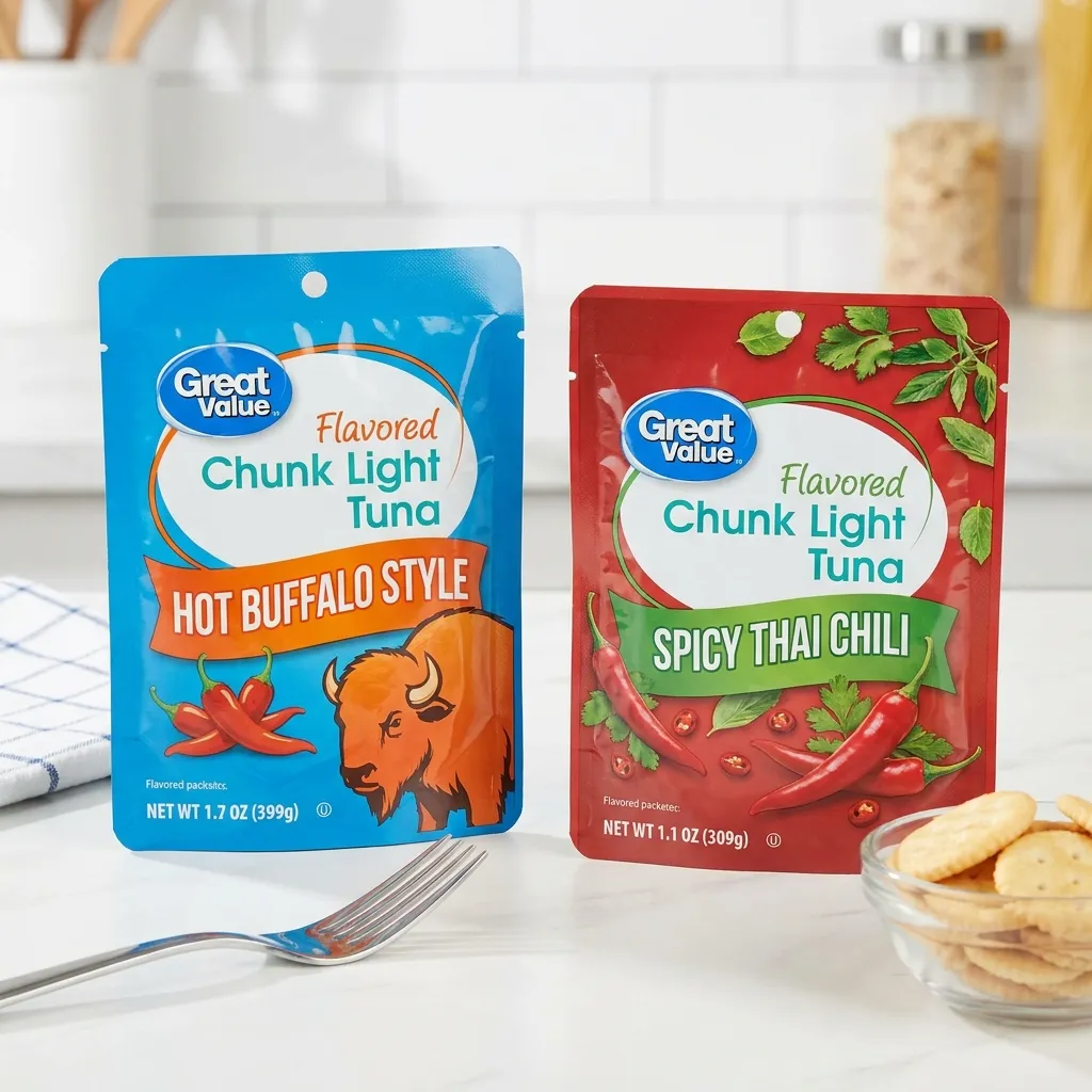 Two packets of Great Value flavored chunk light tuna, including Hot Buffalo and Spicy Thai Chili