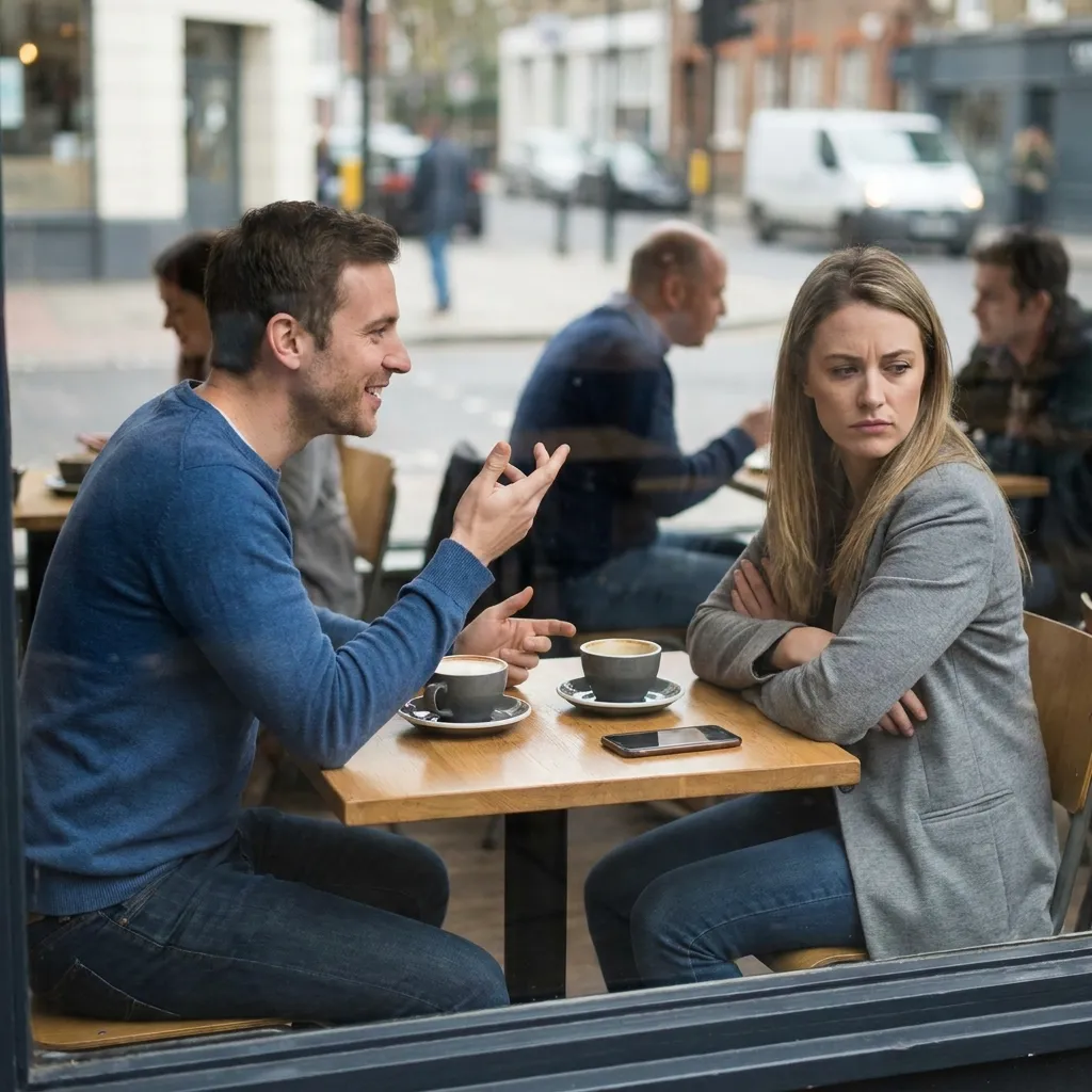 Annoyed woman with crossed arms staring unimpressed out of a window while a man gestures enthusiastically during an awkward daytime coffee date.