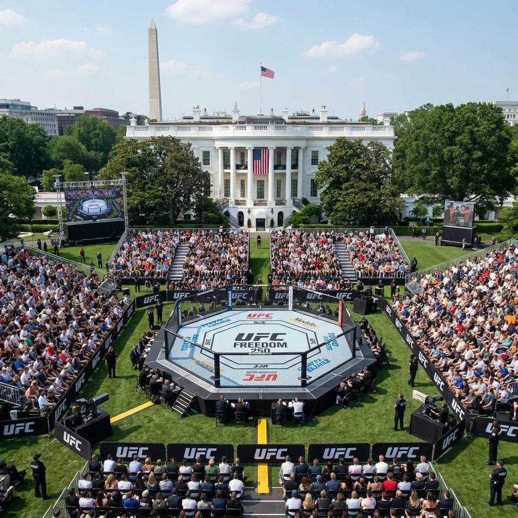 Aerial view of a large UFC octagon and stadium seating constructed on the White House lawn during a daytime MMA event.