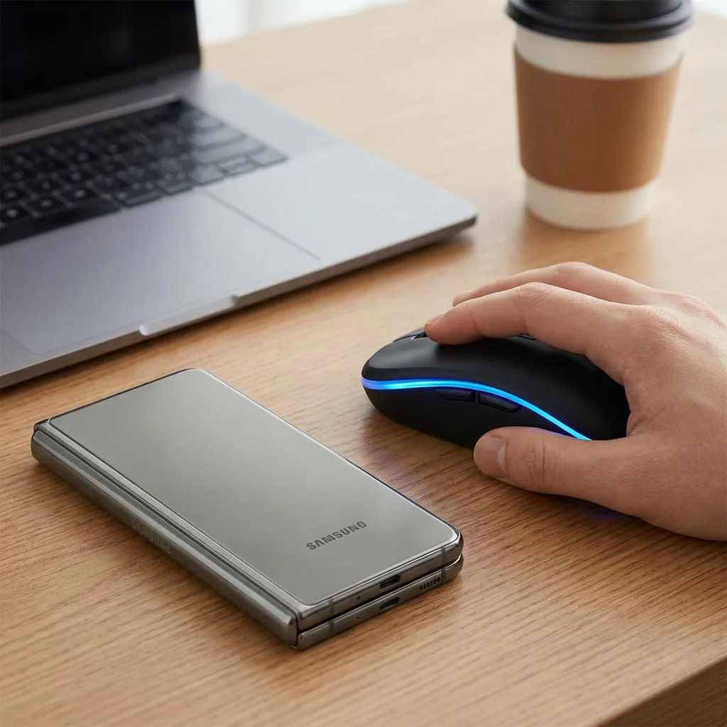Person using a black ergonomic wireless mouse with blue LED lighting next to a folded Samsung smartphone and laptop on a wooden desk.
