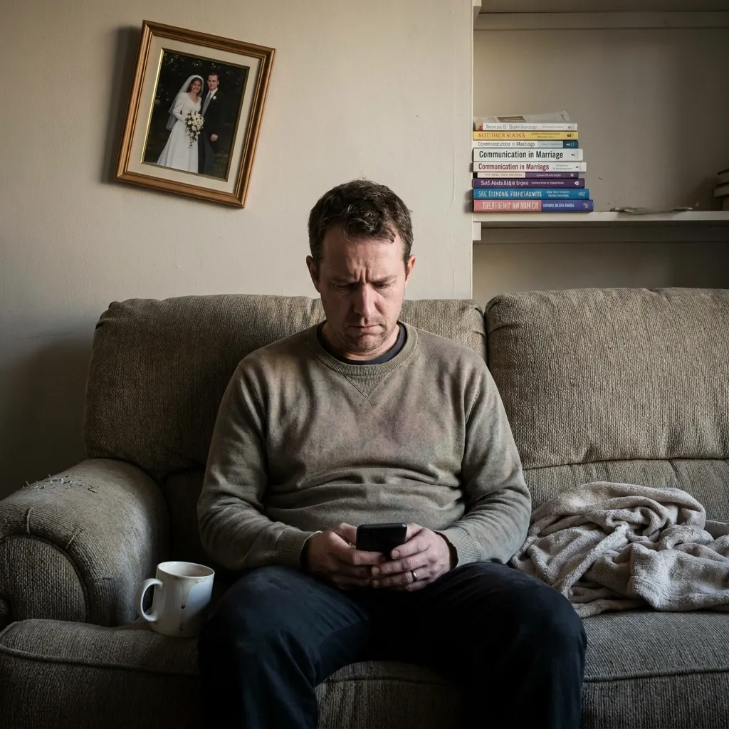 Unhappy husband sitting on a couch scrolling his phone, missing the signs you married the wrong person