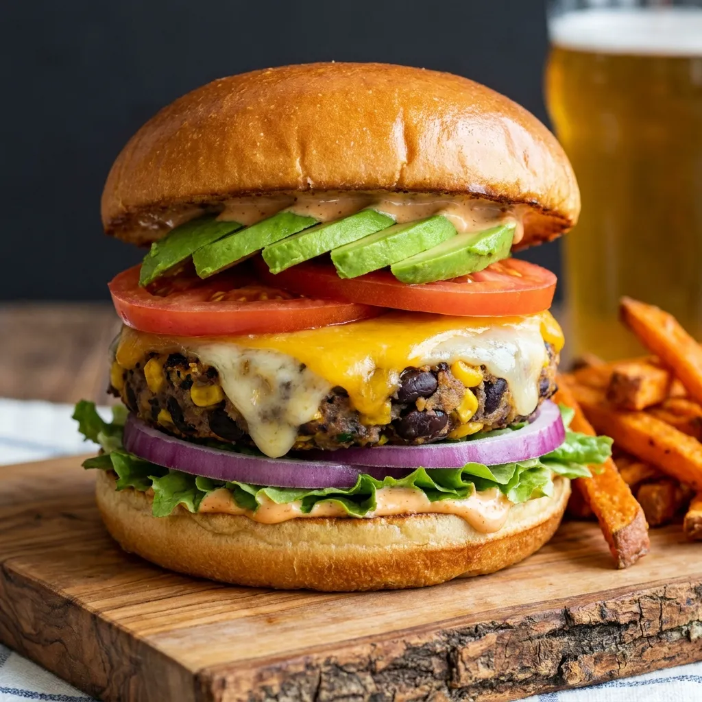 A thick, juicy vegetarian black bean and corn burger loaded with melted cheese, tomato, and sliced avocado on a toasted bun.