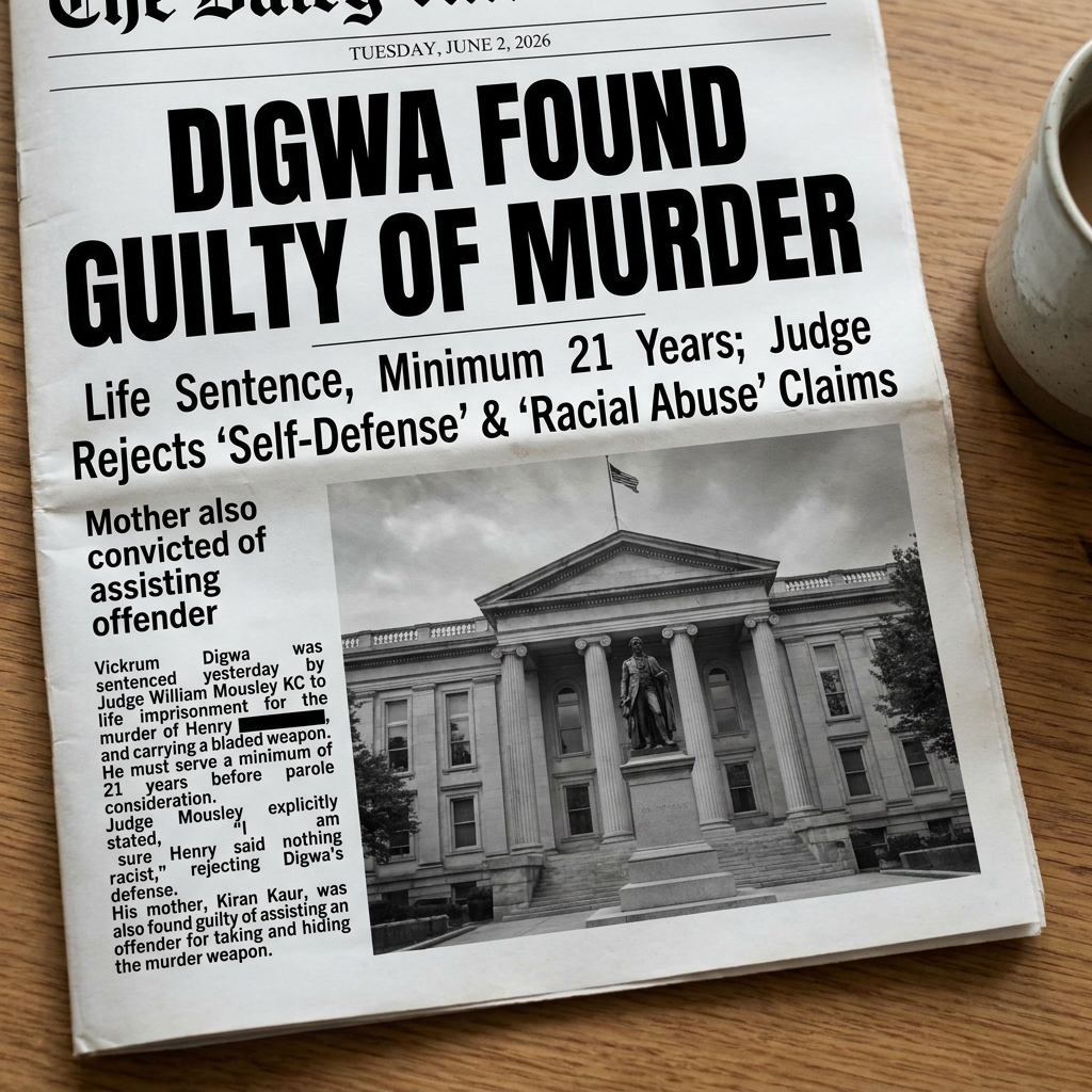 Newspaper front page featuring a courthouse photo and the headline Digwa Found Guilty of Murder.