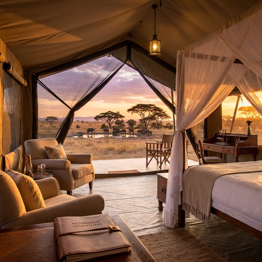A stunning view from inside a luxury safari tent looking out over the African savanna at sunset — luxury travel best retirement gifts for yourself