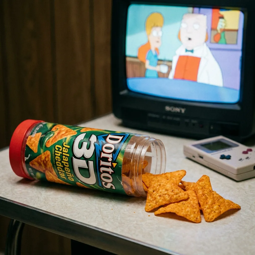 Nostalgic 90s setup featuring Doritos 3D Jalapeno Cheddar chips spilling from a plastic canister near a classic Game Boy and television