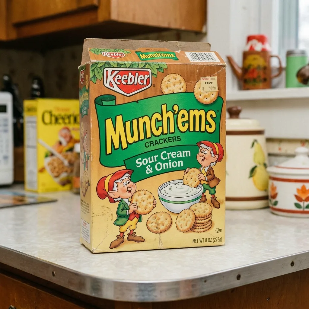 Vintage Keebler Munch'ems Sour Cream and Onion crackers box resting on a retro kitchen counter