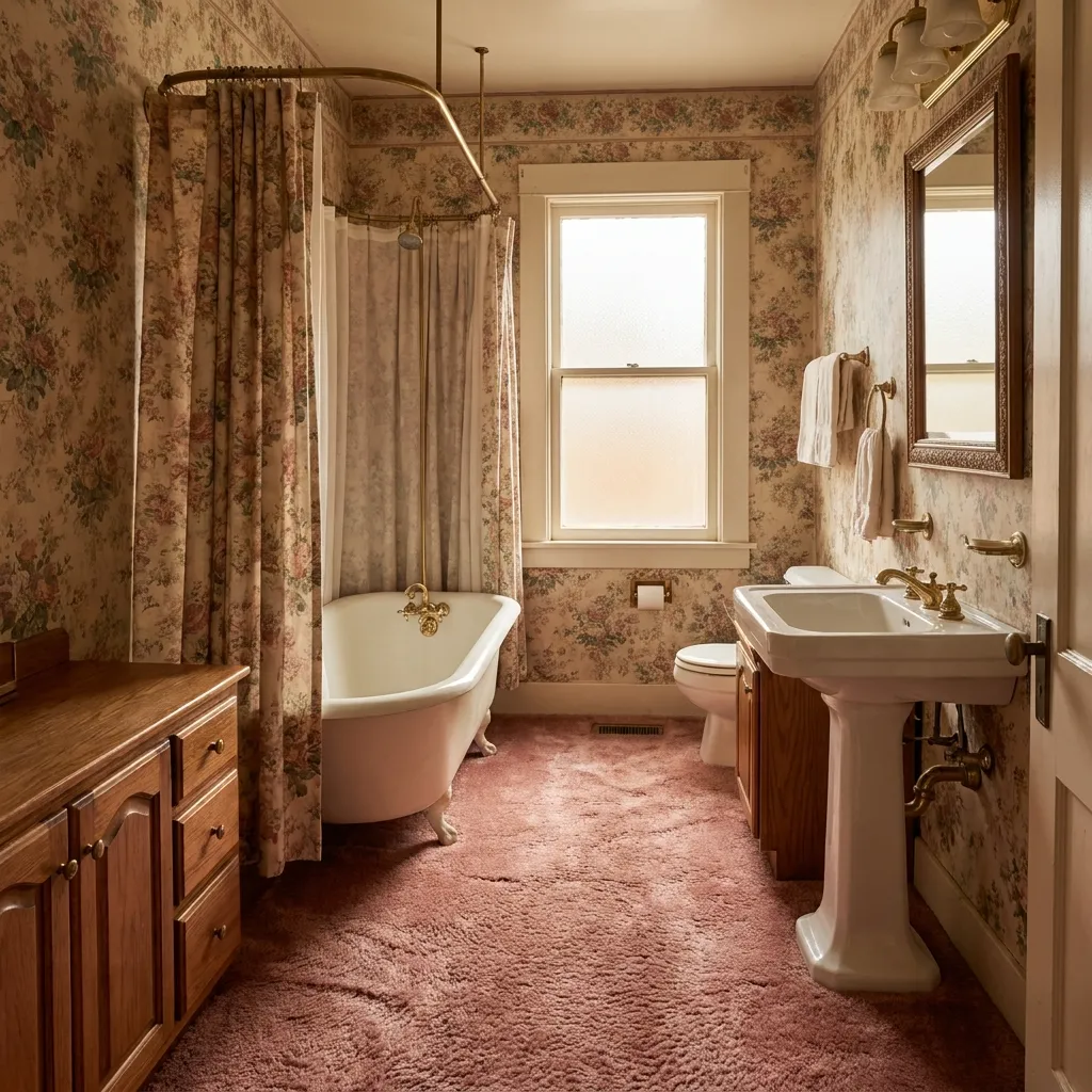 Vintage bathroom featuring floral wallpaper, a matching shower curtain, and plush bathroom carpeting
