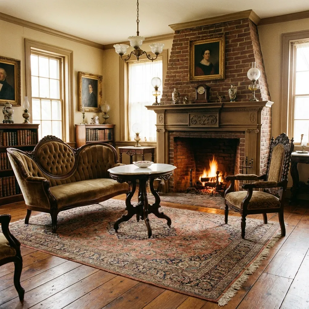 Vintage-style parlor room with ornate furniture, an antique rug, and a brick fireplace