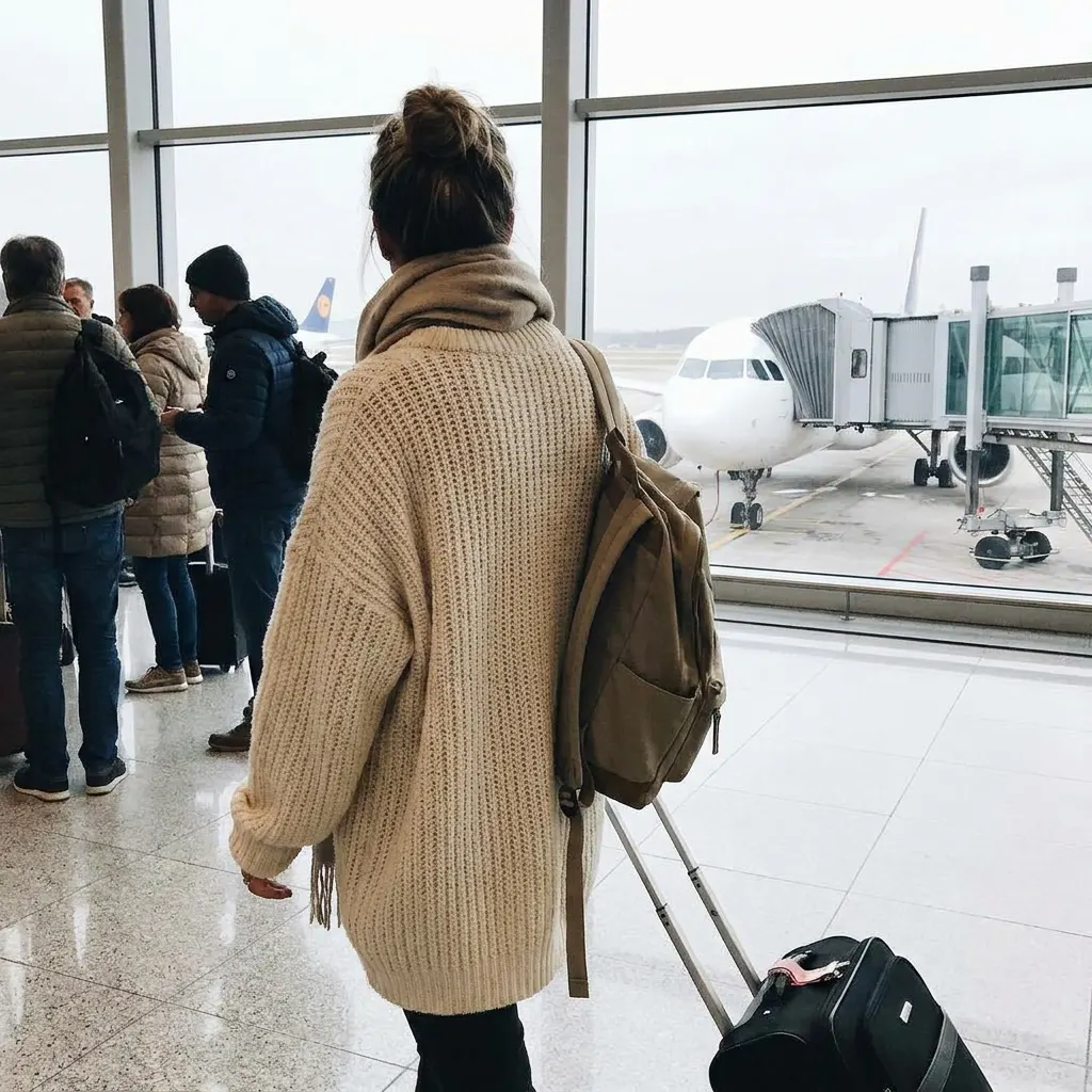Woman wearing a chunky beige knit sweater and backpack standing with a rolling suitcase, looking out an airport terminal window at a parked airplane.