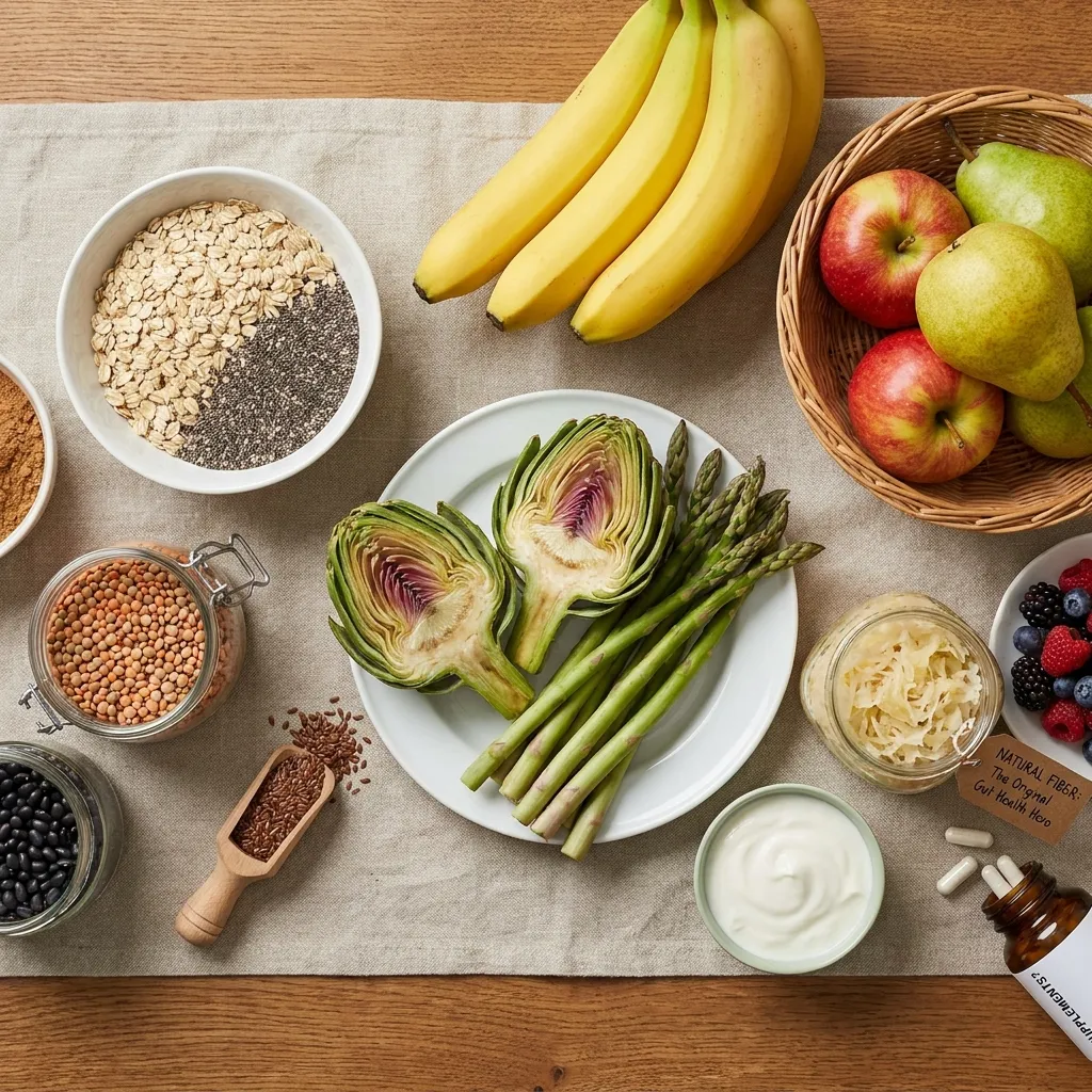 Overhead view of a table spread with gut-healthy whole foods, including artichokes, asparagus, bananas, oats, legumes, and natural probiotics.