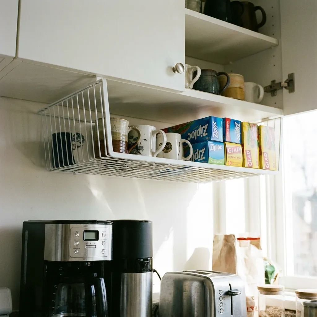 White wire under-shelf basket attached to a kitchen cabinet shelf, neatly holding coffee mugs and sandwich bags