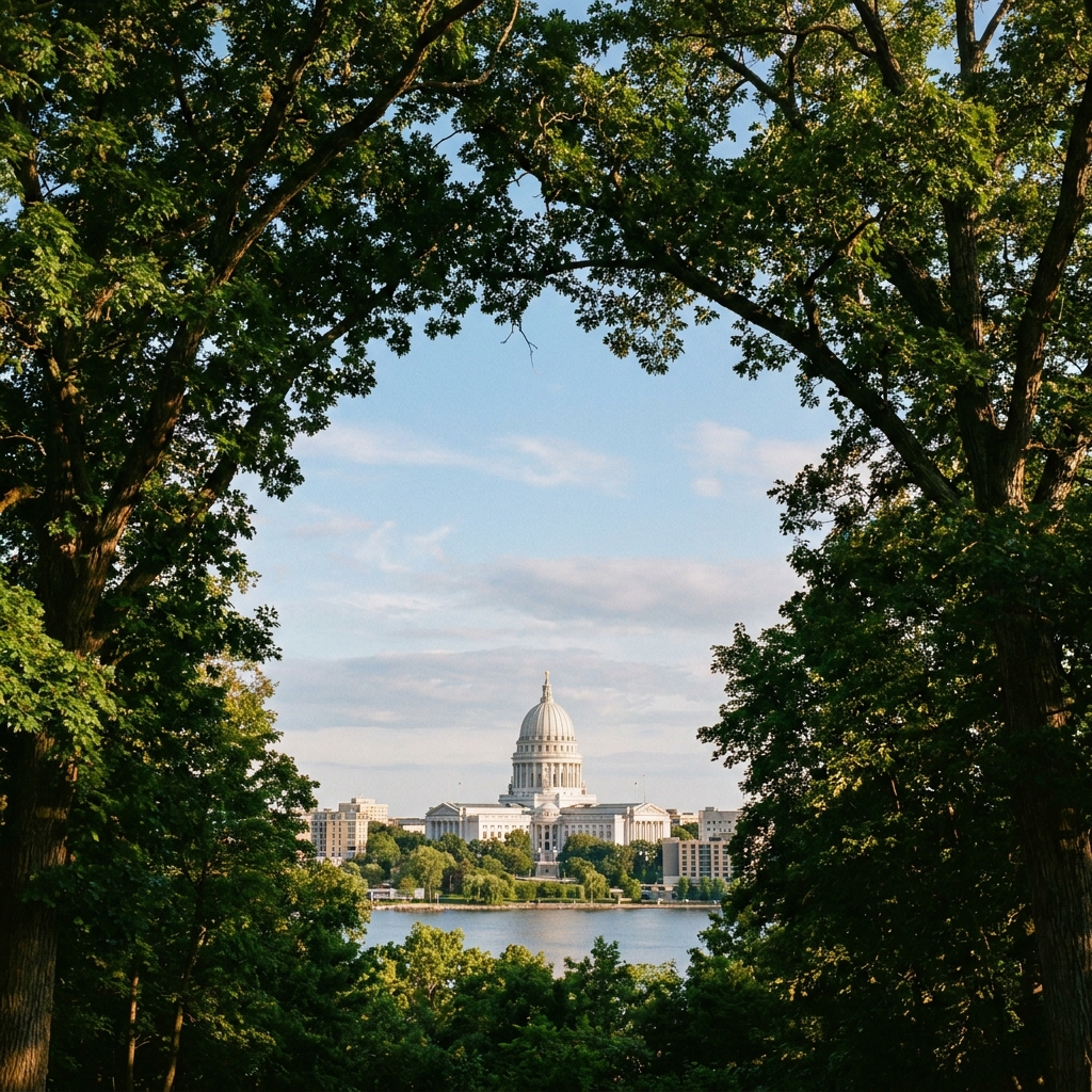 Distant scenic view of the Wisconsin State Capitol building framed by lush green trees in Madison