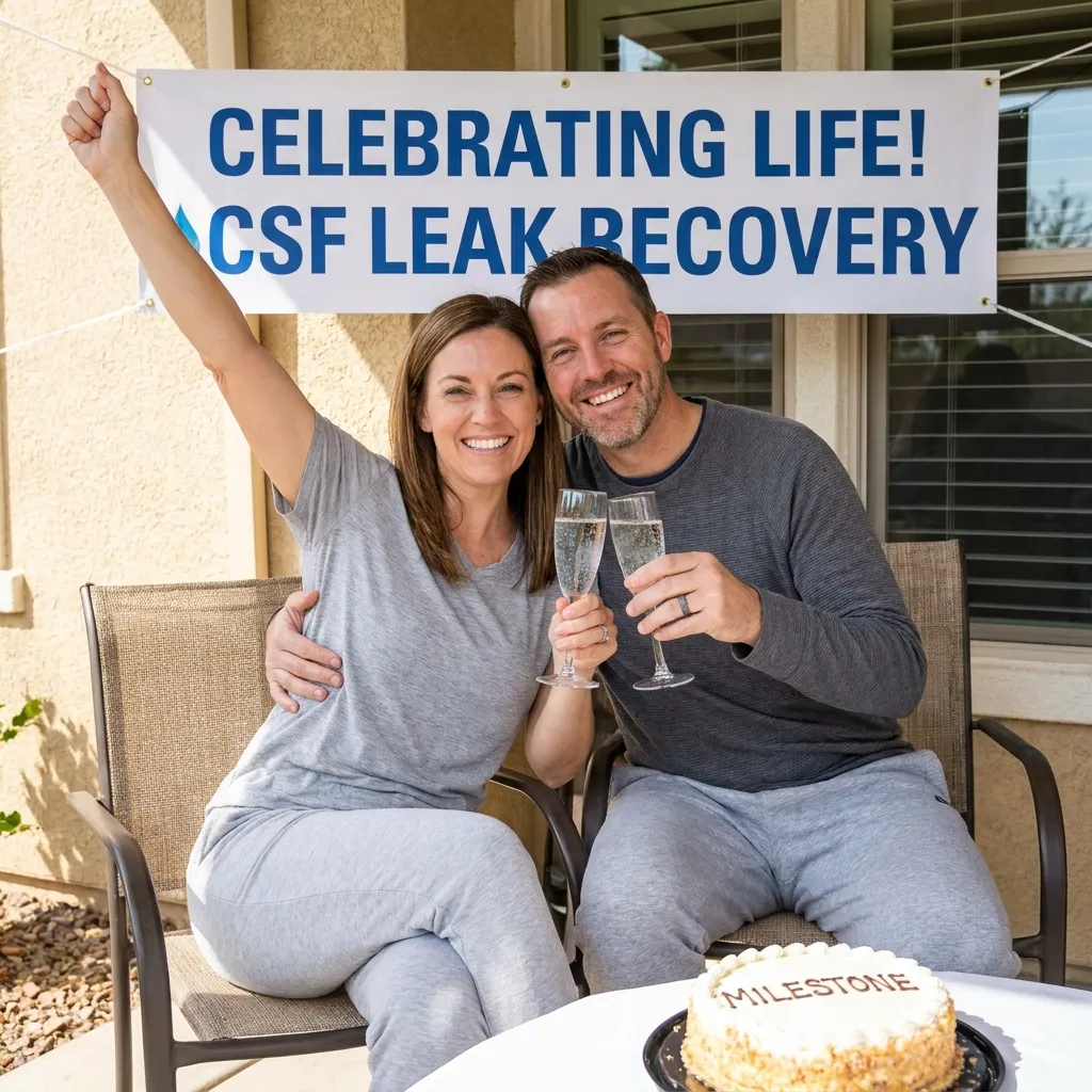 A smiling husband and wife toast with champagne in front of a Celebrating Life CSF Leak Recovery banner, alongside a milestone cake.