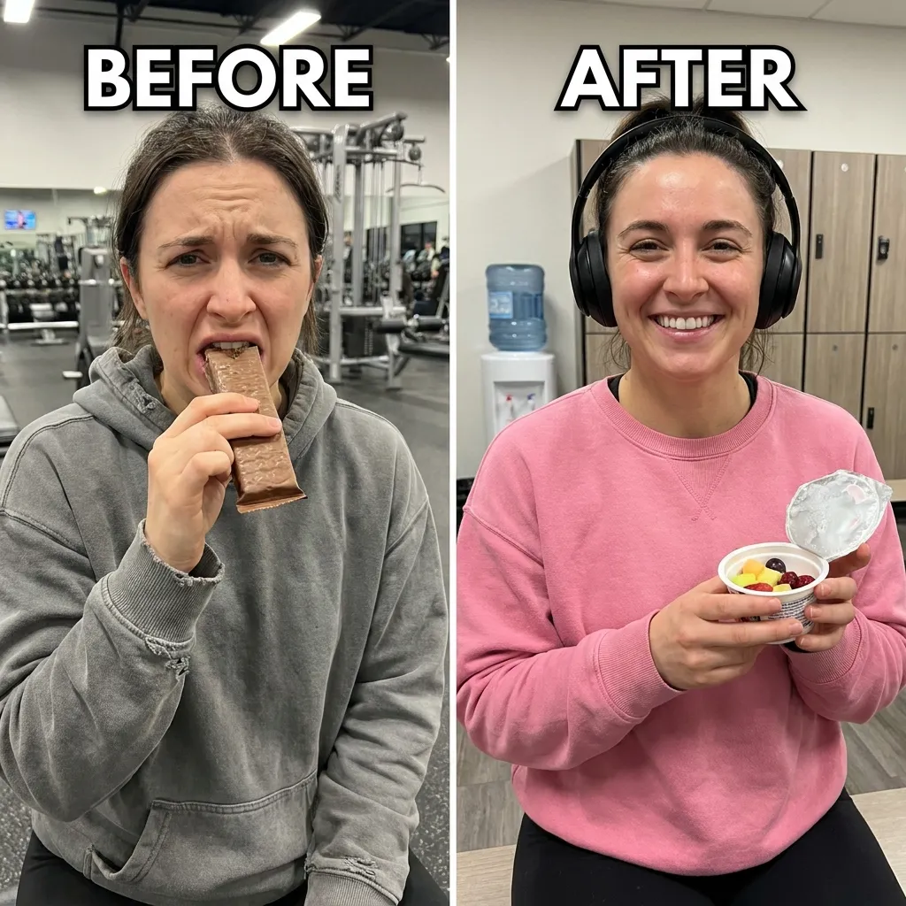 Before and after split-screen image comparing a woman grimacing while eating a dry chocolate protein bar in a gym setting, to her smiling happily in a locker room while holding a fresh fruit and yogurt cup.