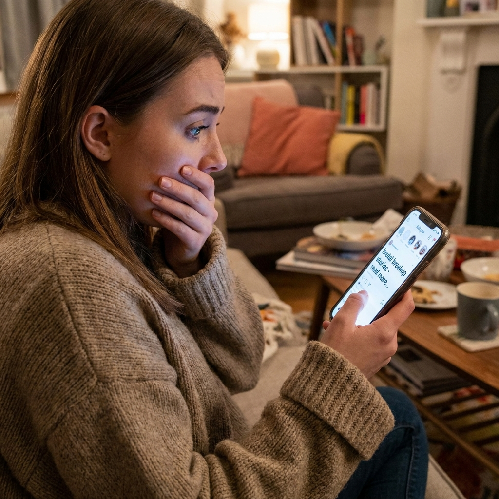 Young woman gasping at her phone while reading brutal breakup stories.