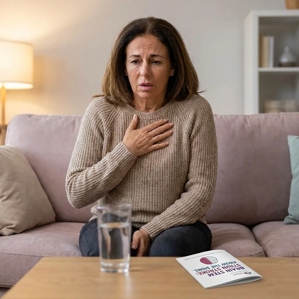 Distressed mature woman sitting on living room couch clutching chest experiencing shortness of breath or atypical stroke symptoms with medical warning signs booklet on table