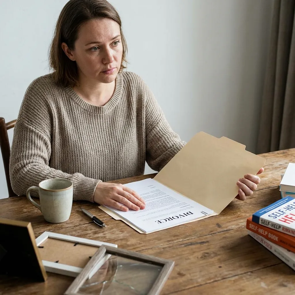 Woman holding divorce papers on a wooden table, accepting the signs you married the wrong person
