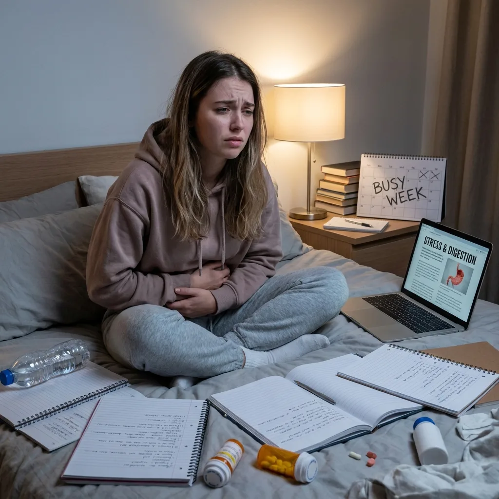 Stressed young woman sitting on a bed clutching her stomach, surrounded by study materials and a laptop displaying an article on stress and digestion