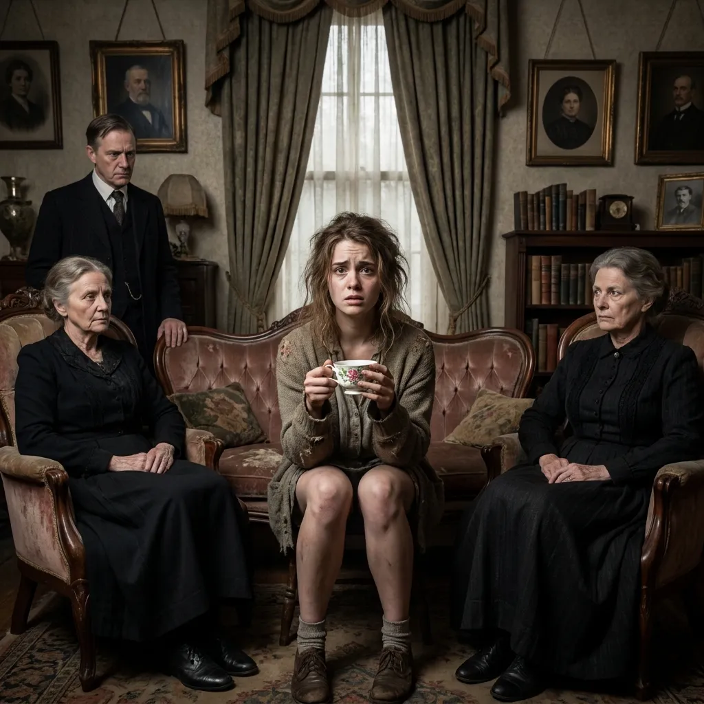 Disheveled young woman holding a floral teacup sitting on a vintage sofa surrounded by three stern older individuals in dark formal clothing