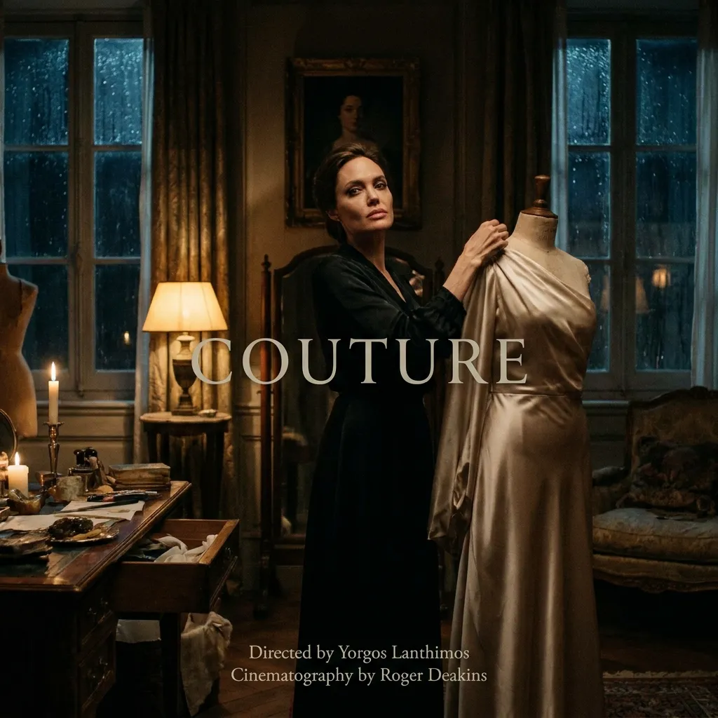 A dramatic, beautifully lit movie still of Angelina Jolie in her new film Couture.