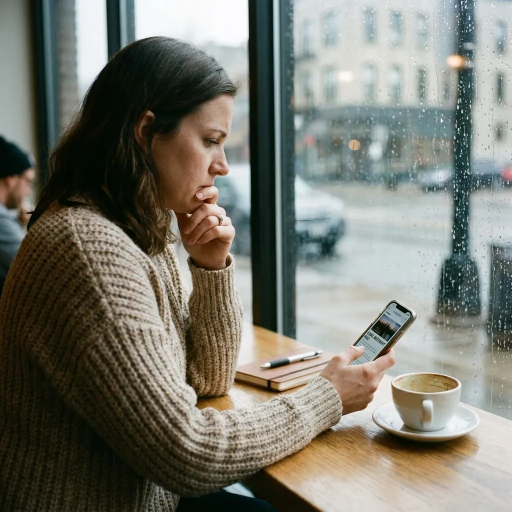 A thoughtful woman sitting at a coffee shop, looking concerned while staring at her smartphone.