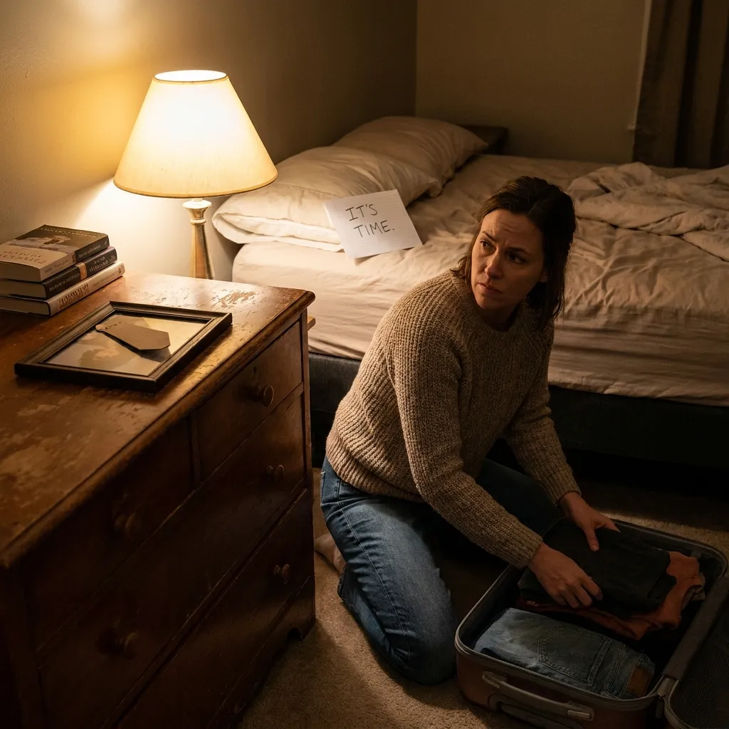 A woman decisively packing a suitcase in a dimly lit bedroom, symbolizing the courage to walk away from a one-sided relationship after seeing the signs your partner doesn't love you.