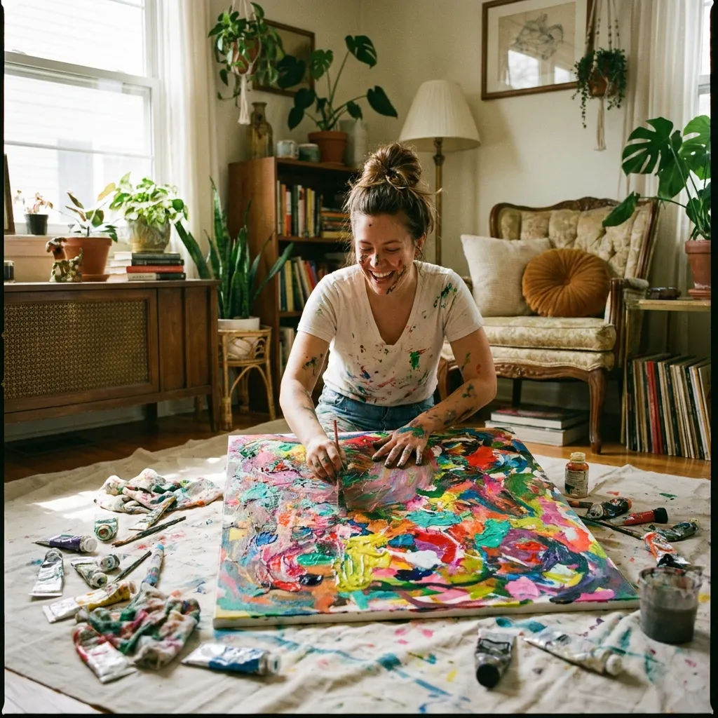 A millennial woman smiling while painting a messy, colorful abstract canvas in her living room, enjoying a creative hobby without the pressure to be perfect.