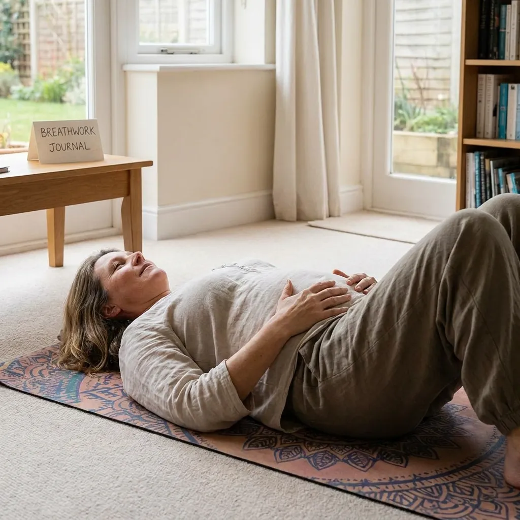 A photo of a relaxed woman in a serene wellness studio, lying down and practicing deep belly breathing. Her hands are on her expanded abdomen, demonstrating the natural breath pattern needed to stop sucking in your stomach.
