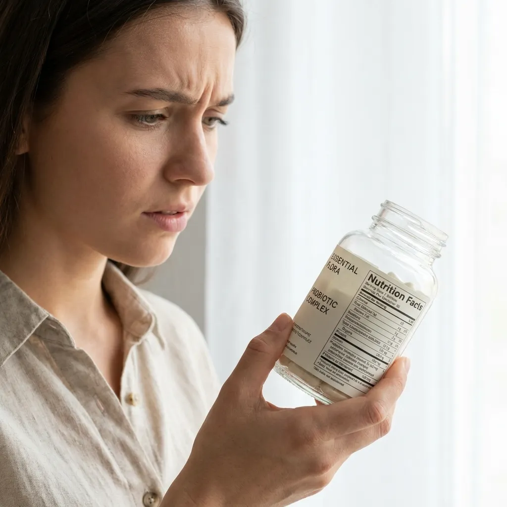 Young woman looking closely to read the nutrition facts and ingredient label on a glass bottle of probiotic complex supplements.