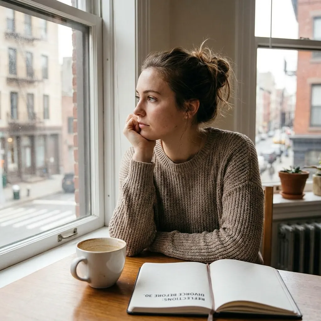 Pensive young woman looking out a city window while sitting at a table with a cup of coffee and an open journal reflecting on life and divorce before 30