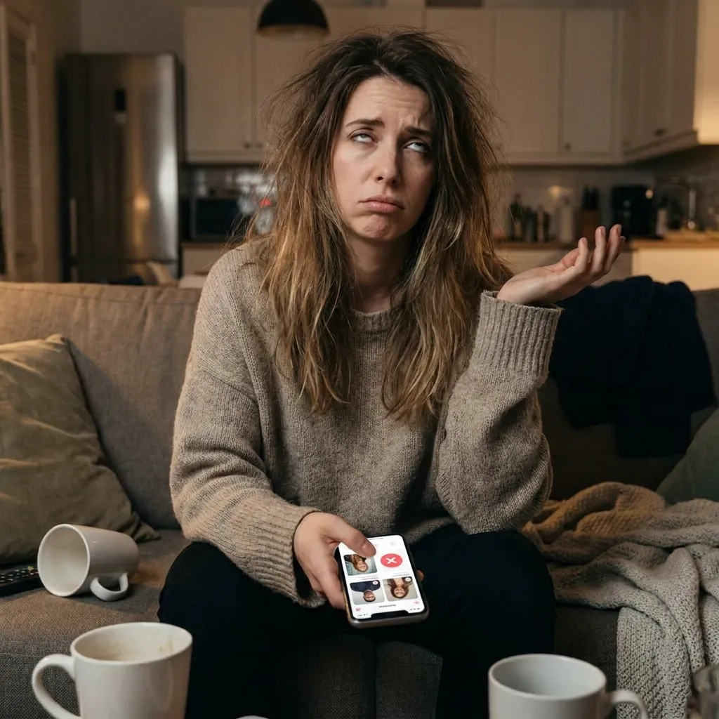 Disheveled, exhausted woman sitting on a living room couch rolling her eyes in frustration while holding a smartphone and swiping on a mobile dating app.
