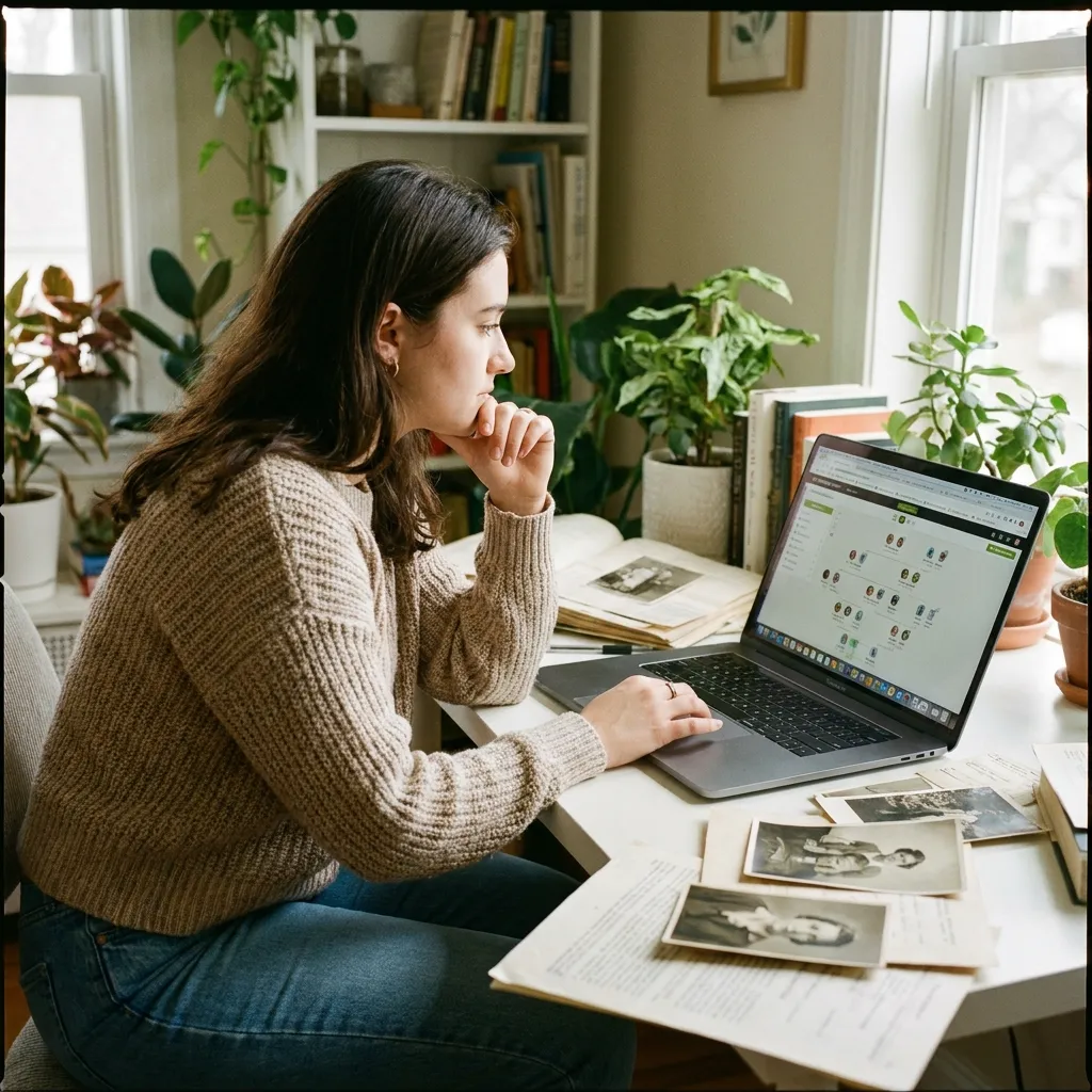 A young woman sitting thoughtfully at a laptop, scrolling through family tree data online. 