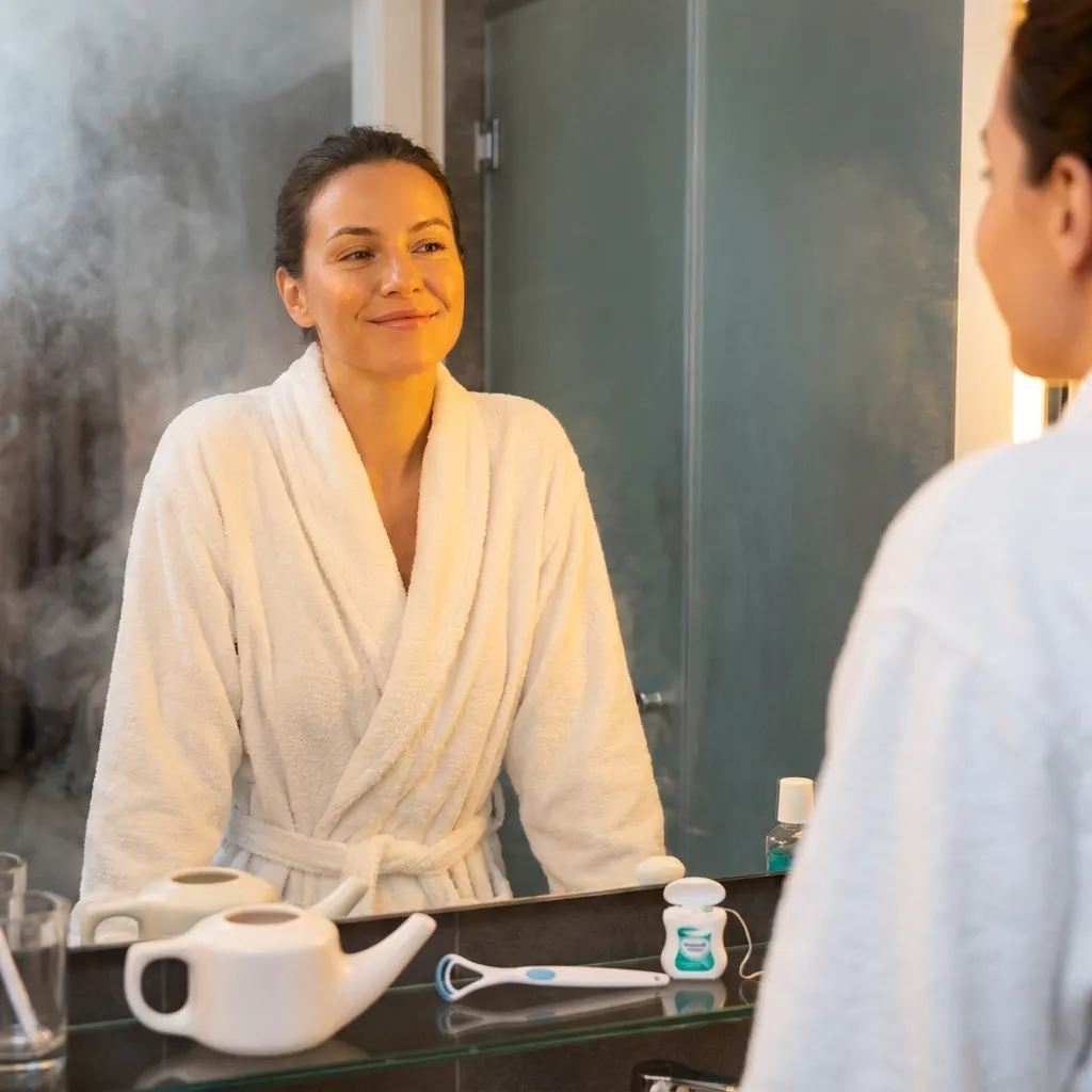 A woman smiling confidently in a cozy bathrobe looking into a vanity mirror